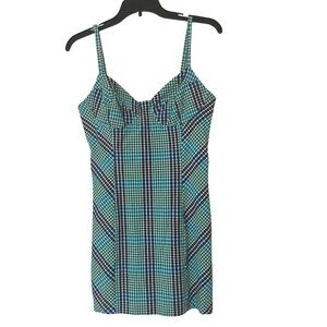 Urban Outfitters Green, Blue & Black Overall Gingham Cotton Print Dress